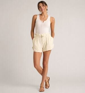 NWT Anthropologie Belted Paperbag Linen Blend Shorts Cream High Rise Size M